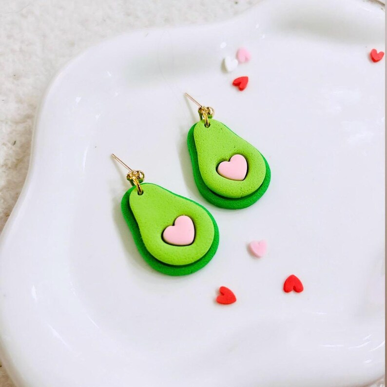 Avocado Heart Dangling Earrings | Cute Avocado Summer Fruit Dangling | Veggie Food Jewelry Avocado Pink Heart Handmade Polymer Clay Earring image 4