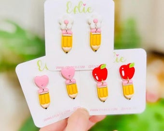 Floral Herz Bleistift baumeln Ohrringe | Zurück zu Schule Schmuck | Herbst Ohrringe Studenten Ohrringe | Lehrer Ohrringe Geschenkidee Liebe Geschenk Niedlich