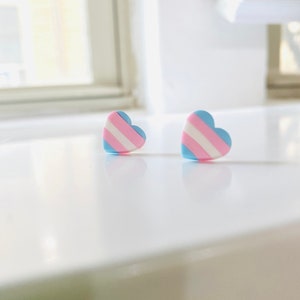 May include: A pair of small heart-shaped earrings with a blue, pink, and white striped pattern.