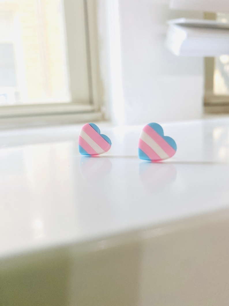May include: A pair of small heart-shaped earrings with a blue, pink, and white striped pattern.