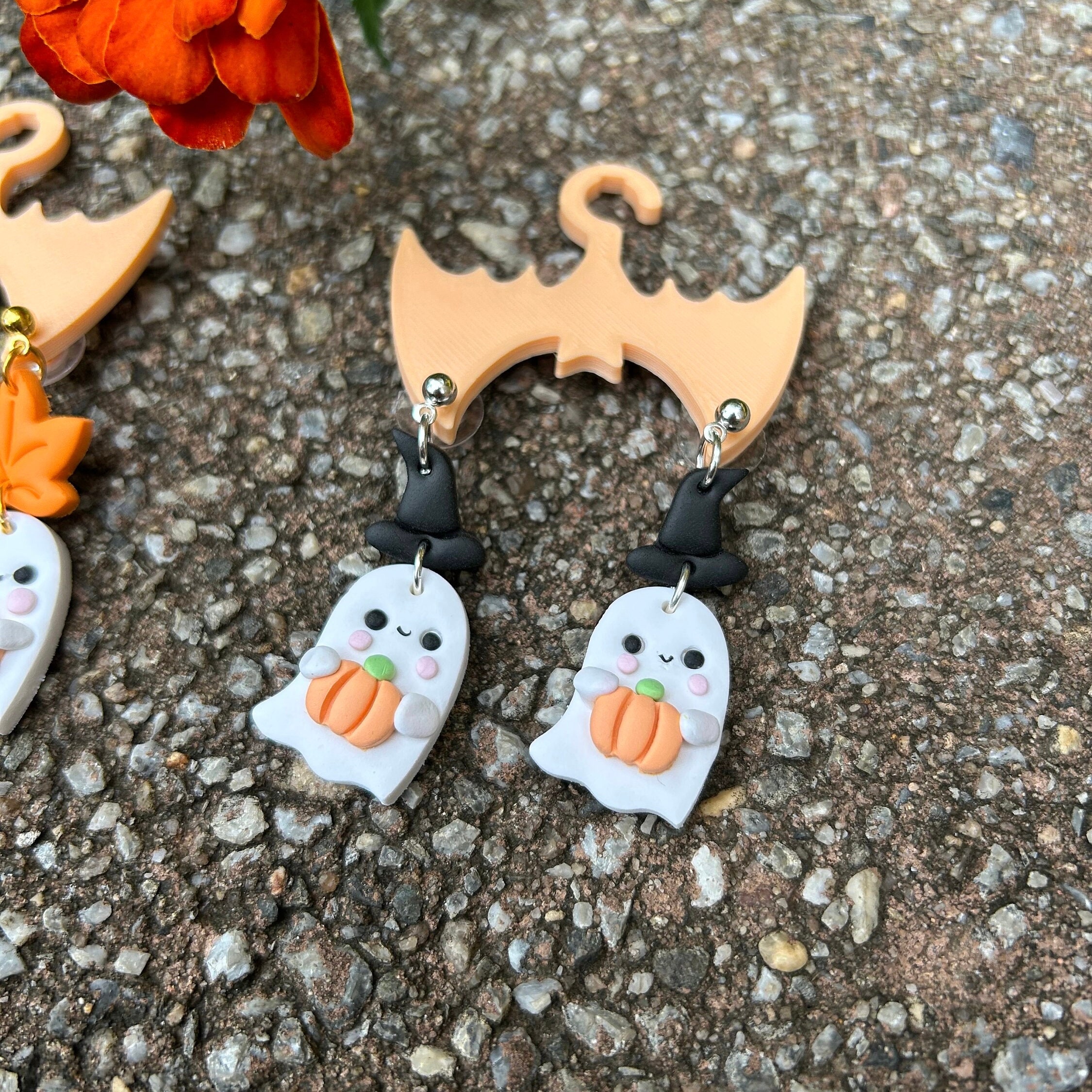 Halloween Cute Witch Ghost Pumpkin Earring | Clay Fall Studs | Cute Spooky Ghost Dangling | Halloween Gift Idea | Halloween Spooky Earrings