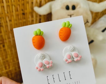 Easter Stud Earrings Set Of Two | Bunny Feet Studs | Easter Bunnies | Easter carrots Earrings | Easter Gifts For Her | Easter Cute Jewelry |