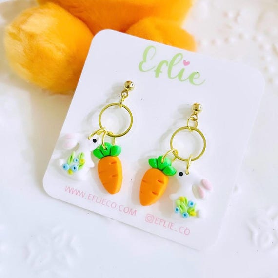 Easter Bunny Carrot Dangle Earrings: Polymer Clay Spring Jewelry