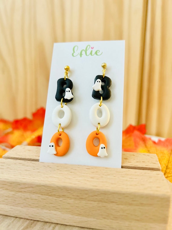 Boo Earrings Halloween Spooky Boo Dangle Earrings Black White