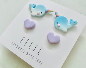 Narwhal Stud Earrings Set | Animal Studs | Baby Narwhal Gift Idea | Handmade Clay Earrings | Cute Stud Set | Heart Studs | Love