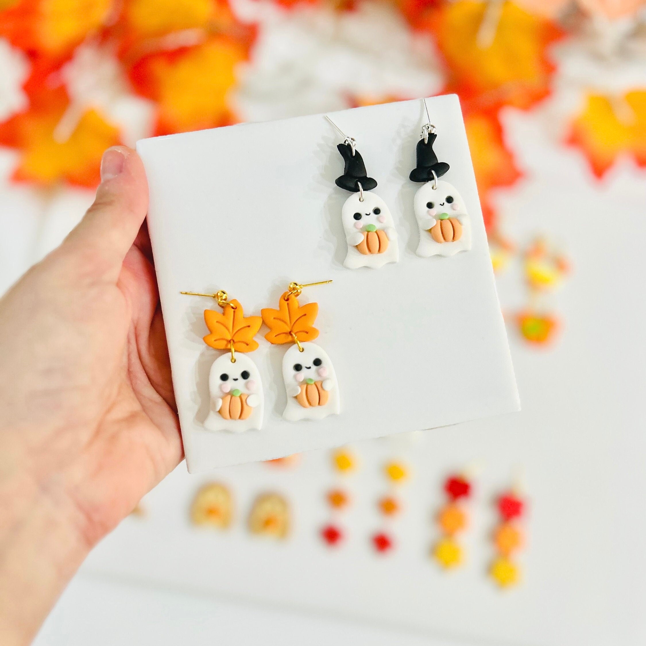 Halloween Cute Witch Ghost Pumpkin Earring | Clay Fall Studs | Cute Spooky Ghost Dangling | Halloween Gift Idea | Halloween Spooky Earrings