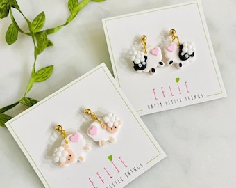 Sheep Dangling Earrings | Animal Earrings | White Sheep Black Sheep | Handmade Clay Earrings | Easter Cute Earrings | Studs Lover Gift Idea