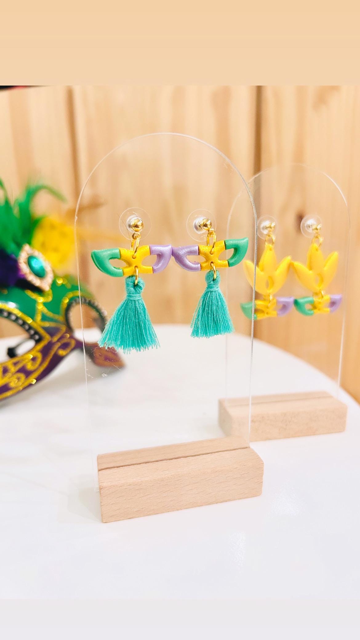 3 Paia Orecchini A Cerchio Con Perline Mardi Gras – Colori Viola, Verde, Giallo – Carnevale E Feste - 2