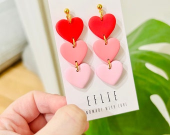 Pink Red Hearts Polymer Clay Earrings | Boho Earrings | love Dangling Earrings | Handmade Earrings | Dangle Earrings | Mother Day Gift Idea