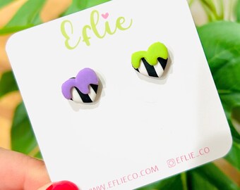 Funky Style Green Purple Stud Earrings | Halloween Heart Earrings | Halloween Stud Earrings | Spooky B&W Clay Earrings | Mardi Gras Holidays