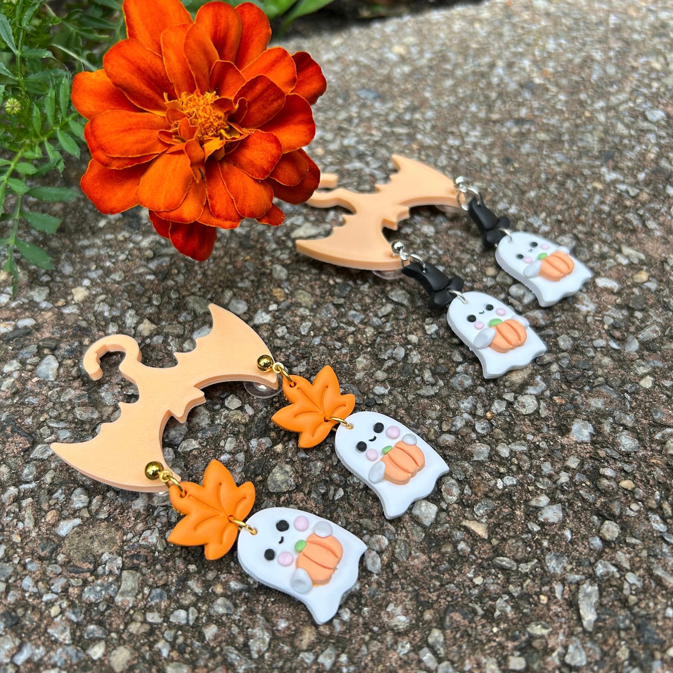 Halloween Cute Witch Ghost Pumpkin Earring | Clay Fall Studs | Cute Spooky Ghost Dangling | Halloween Gift Idea | Halloween Spooky Earrings