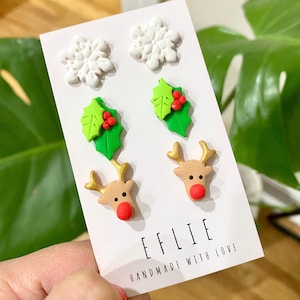 Christmas Stud Earrings Deer Set | Snowflake Clay Stud Earrings | Holiday Earrings | Mistletoe Earrings Christmas Jewelry Gift Stud Earrings