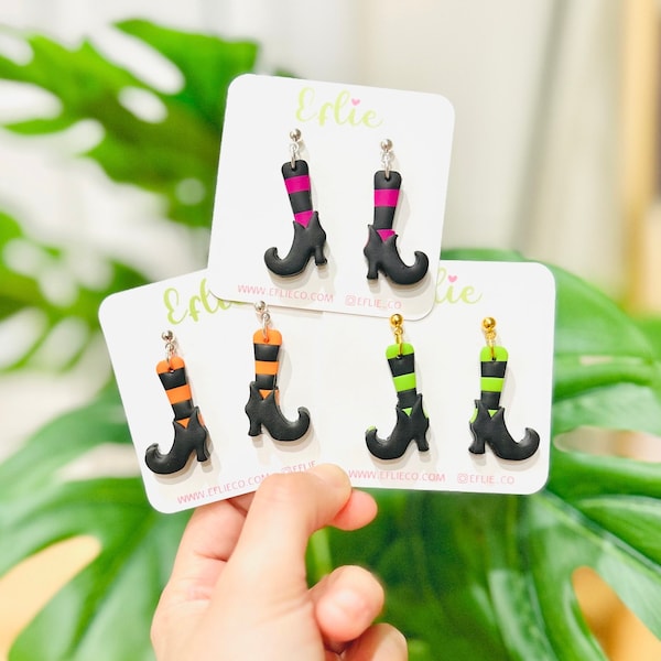 Witch From The East Legs Clay Earring | Witch Purple Green Orange Shoes Dangle | B&W Halloween jewelry Gift Idea | Slippers Bad Witch Home