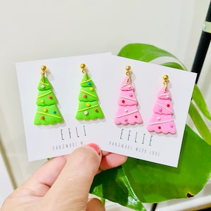 Christmas Tree Dangles Earrings | Christmas Tree Earrings | Green Pink Tree Earrings Handmade Earrings Pink Tree Holiday Gift Dangle For Her