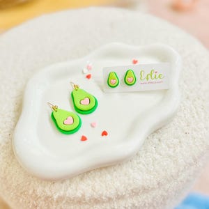 Avocado Heart Dangling Earrings | Cute Avocado Summer Fruit Dangling | Veggie Food Jewelry Avocado Pink Heart Handmade Polymer Clay Earring image 3