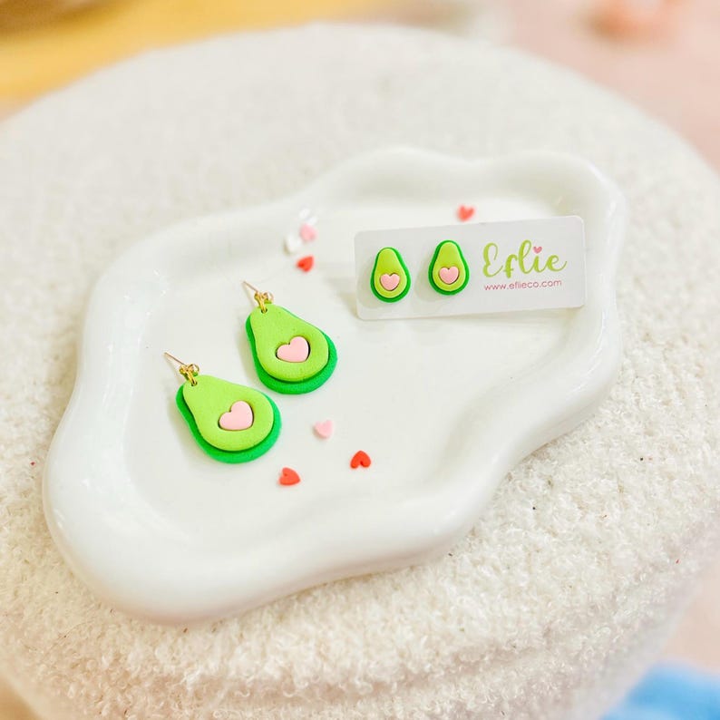 Avocado Heart Dangling Earrings | Cute Avocado Summer Fruit Dangling | Veggie Food Jewelry Avocado Pink Heart Handmade Polymer Clay Earring image 3