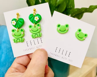 Cute Frogs Earrings | Frog Studs | Lily Pads Dangling Jewelry | Frogs Dangling Jewelry | Cute Animal Earrings | Green Happy Frog Dangle Stud