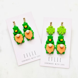 St Patrick’s Gnome Leprechaun Earrings | St Patrick Clover Clay Earrings | shamrock Lucky Dangling | Leprechaun Hat Dangle | Gift Ideas