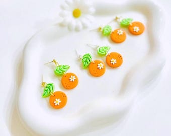 Orange Dangle Earrings | Summer Fruit Jewelry | Cute Food Earrings | Orange White Flower Dangling Fun Summer Beach Jewelry Gift Idea Polymer