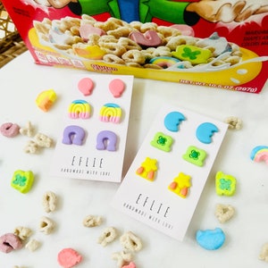 St Patrick’s Lucky Charms Studs Earrings | Cereal Marshmallows Clay Earrings | shamrock Lucky Dangling | Leprechaun Rainbow Jewelry