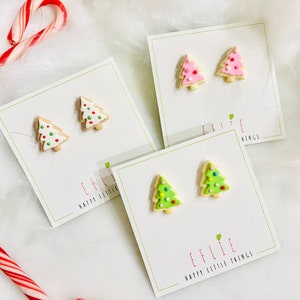 Christmas Tree Sugar Cookies Stud Earrings | Pink Christmas Tree Studs  | Holiday Earrings | Candy Holiday Earrings | Cute Christmas Gift