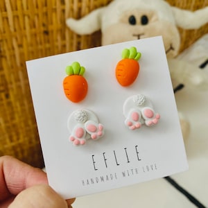 Easter Stud Earrings Set Of Two | Bunny Feet Studs | Easter Bunnies | Easter carrots Earrings | Easter Gifts For Her | Easter Cute Jewelry |