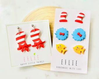 Children’s Book Cat Hat Earrings | Cute Red White Hat Jewelry Gift | Stripes Book Studs Comics Dangle | Fish Dangling | Girls Love Bow Love