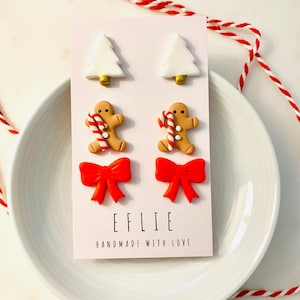 Christmas Stud Earrings Set Of 3 | Gingerbread Studs | Holiday Earrings | Candy Earrings | Christmas Gold Tree Stud Earrings | Bow Earrings