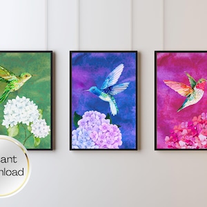 Hummingbird and Hydrangea Wall Art Set - Vibrant Blue Green Pink - 5 Sizes Included - Instant Download PDF
