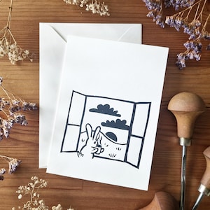 Tarjeta de Pascua Mañana de primavera con conejo, tarjeta plegable con sobre A6 - impresión linograbado original, hecha a mano