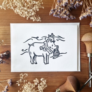 Tarjeta de Pascua con animales de granja, tarjeta plegable con sobre A6 - linograbado original, hecho a mano