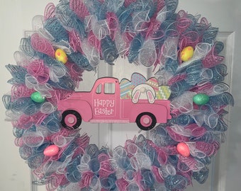 Happy Easter truck wreath- bunny sign-deco mesh-Spring wreath.