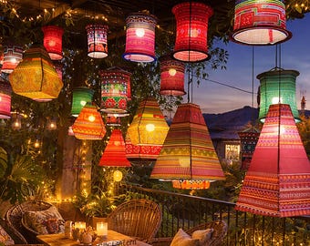Lanterna etnica vietnamita fatta a mano, lampada da appendere in stile boho, decorazione in stile Hmong, lanterna colorata da patio