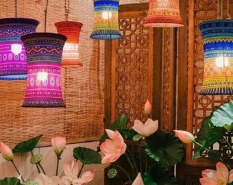 Juego de 10 faroles de tela vietnamitas, decoración étnica bohemia para exteriores, luces coloridas para patio.
