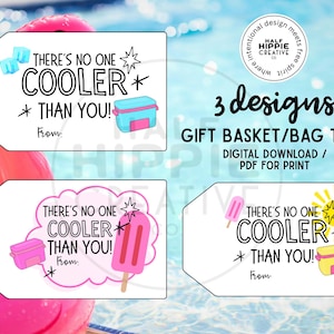 Puede incluir: Etiquetas para cestas/bolsas de regalo con tres diseños. Cada etiqueta presenta la frase "¡No hay nadie más genial que tú!" con ilustraciones de cubitos de hielo, una nevera portátil, un helado y un sol. Las etiquetas son una descarga digital.