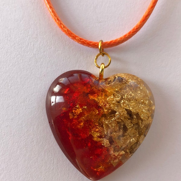 Large orange and Gold leaf Heart shaped pendant necklace jewellery heart necklace