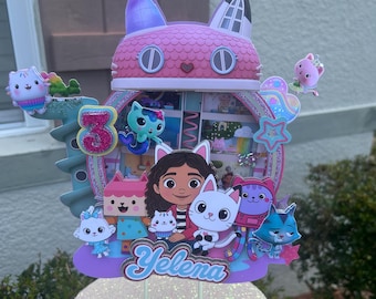 Dollhouse Cat Birthday Cake Topper, Pink Doll House Party Decor, Cartoon Cat Cake Topper, Kids Birthday Party Decoration