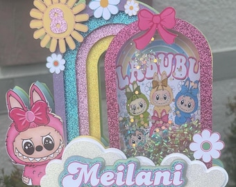 Pastel Rainbow Cake Topper Personalized | Kawaii Labu Birthday Shaker Cake Topper  | Cute Monster Character Party Decor | Ready to Ship