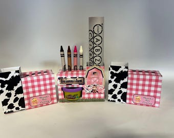 Pink Farm Party Favor Boxes for Girls Birthday, Personalized Farm Theme Coloring Activity Box with Play Doh & Crayons