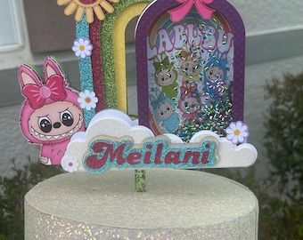 Bright Rainbow Cake Topper Personalized | Kawaii Labu Birthday Cake Topper | Shaker Cake Topper | Cute Monster Character Party Decor |