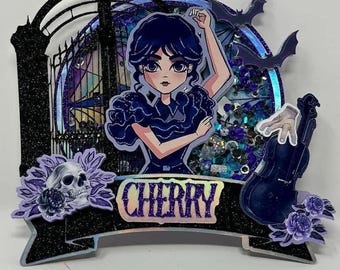 Topo de Bolo de Aniversário Garota Gótica: Shaker Roxo Personalizado, Decoração de Anime Assustadora