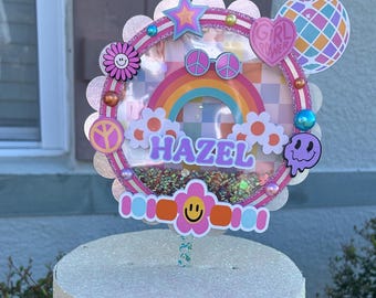 Personalized Retro Rainbow Glitter Cake Topper – Groovy Birthday Party Decoration