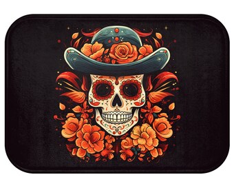 Day Of The Dead Dia De Los Muertos Orange Black Green Home Decor Gifts for Halloween Decorations Trick Or Treat Spooky Bathroom Bath Mat