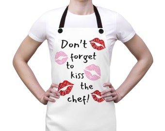 No olvides besar al chef Día de San Valentín Día de Galentine Regalo romántico para mujeres Hombres Mamá Papá Novia Novio Delantal de cocina - Blanco