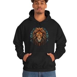 Mythical Leo Lion August Birthday Astrology Zodiac Art Print Beautiful Gifts for Men Women Black Gold and Blue Unisex Hooded Sweatshirt