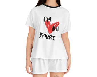 I'm All Yours Red Heart Love Happy Valentine's Day Galentine's Day Romantic Gifts For Women Wife Girlfriend Women's Short Pajama Set - White