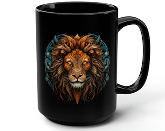 Mythical Leo Lion August Birthday Astrology Zodiac Art Print Beautiful Gifts for Men and Women Coffee and Tea Black Gold and Blue Mugs, 15oz