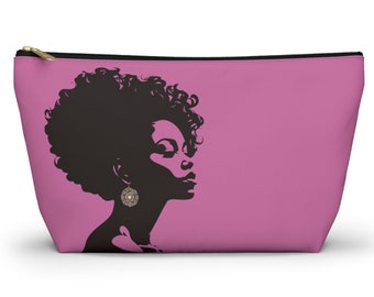 Beautiful Black Woman Silhouette Art Print Birthday Holiday Christmas Gifts For Women Moms Girlfriends Travel Makeup Bag w T-bottom - Pink