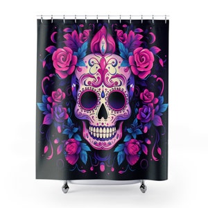 Day Of The Dead Dia De Los Muertos Pink Purple Home Decor Gifts for Halloween Decorations Trick Or Treat Spooky Bathroom Shower Curtains
