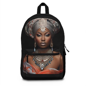 Stunning Coral Silver African Goddess Bejeweled Beautiful Black Woman Art Print Versatile MultiPurpose Fashion Black Women&#39;s Travel Backpack